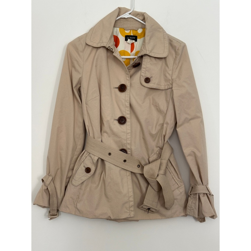J.Crew Vintage Y2K Short Trench Coat Jacket Beige Tan Belted Mod Lining Size 4